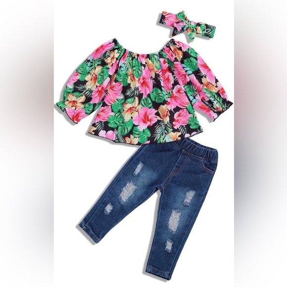 Other - Toddler Girl Long Sleeve Floral Tunic & Ripped Jeans